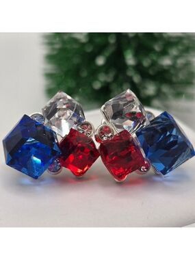 ✨2/$10✨ Blue Red White Cube Earrings Silver Studs Cluster Crystals France